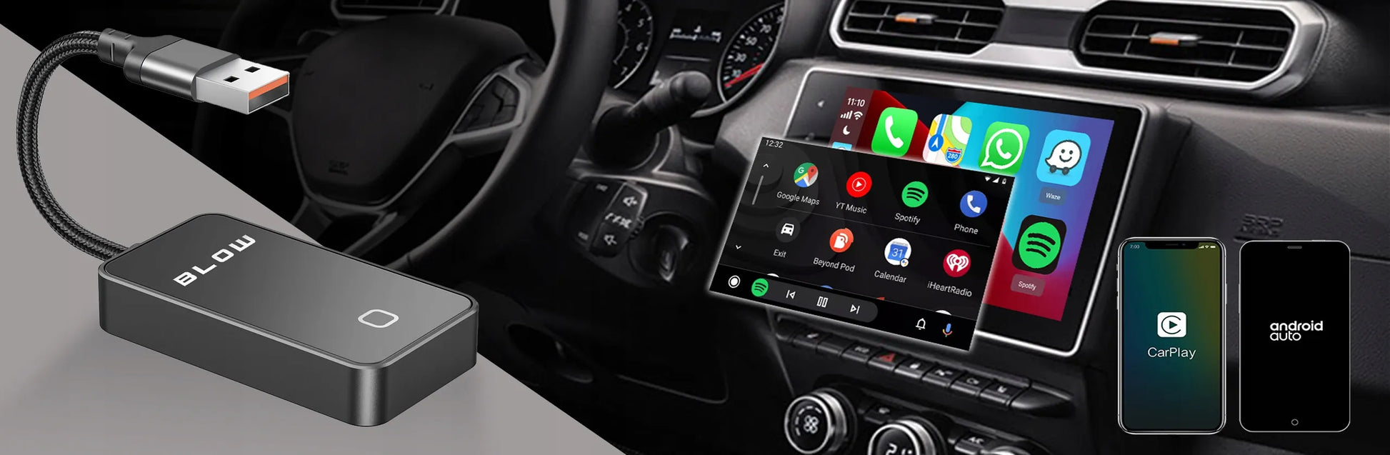 Belaidis BLOW CarPlay ir Android Auto adapteris USB-A/USB-C WiFi BT 5.0 PRO