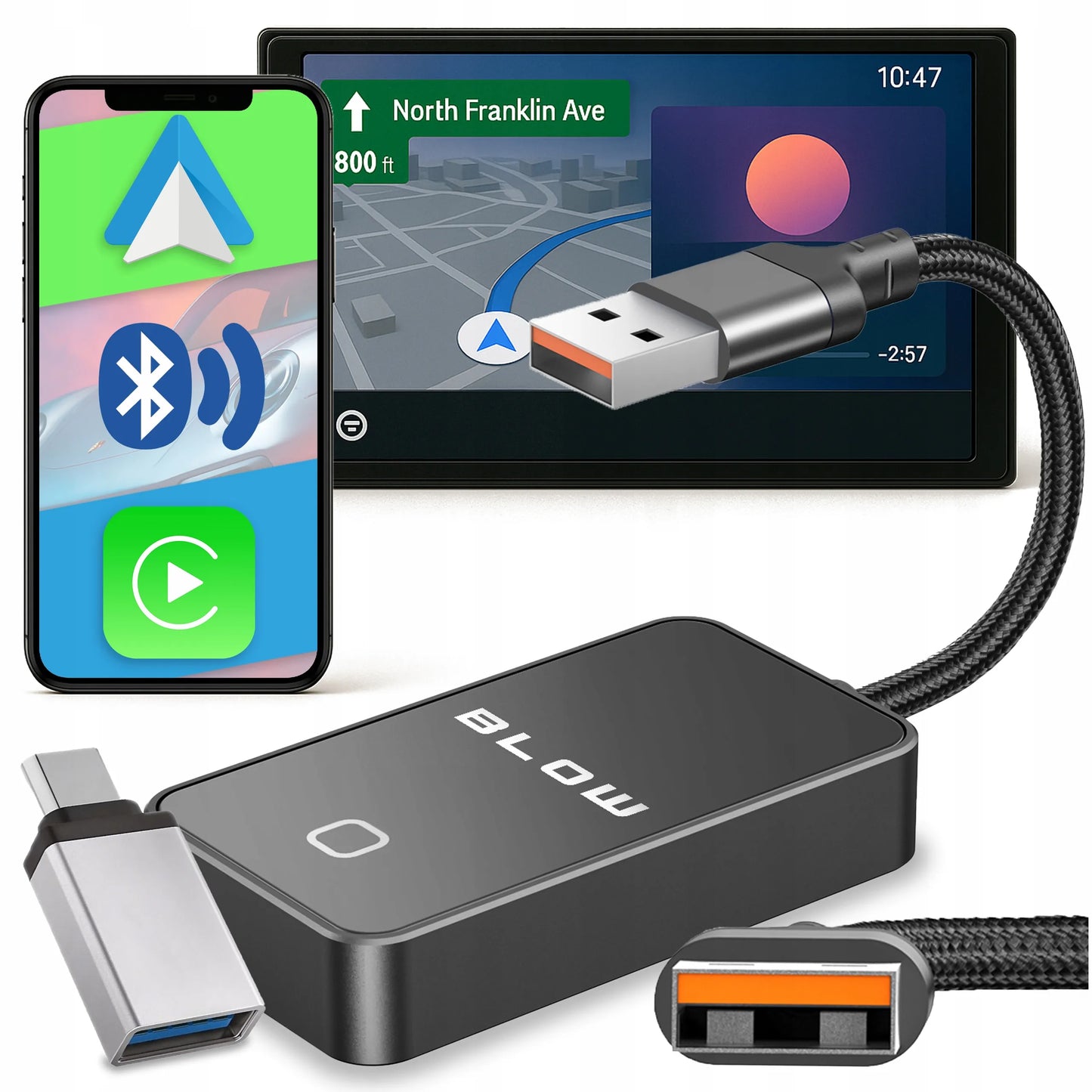 Belaidis BLOW CarPlay ir Android Auto adapteris USB-A/USB-C WiFi BT 5.0 PRO