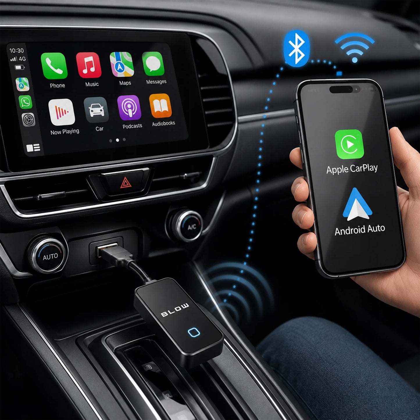 Belaidis BLOW CarPlay ir Android Auto adapteris USB-A/USB-C WiFi BT 5.0 PRO