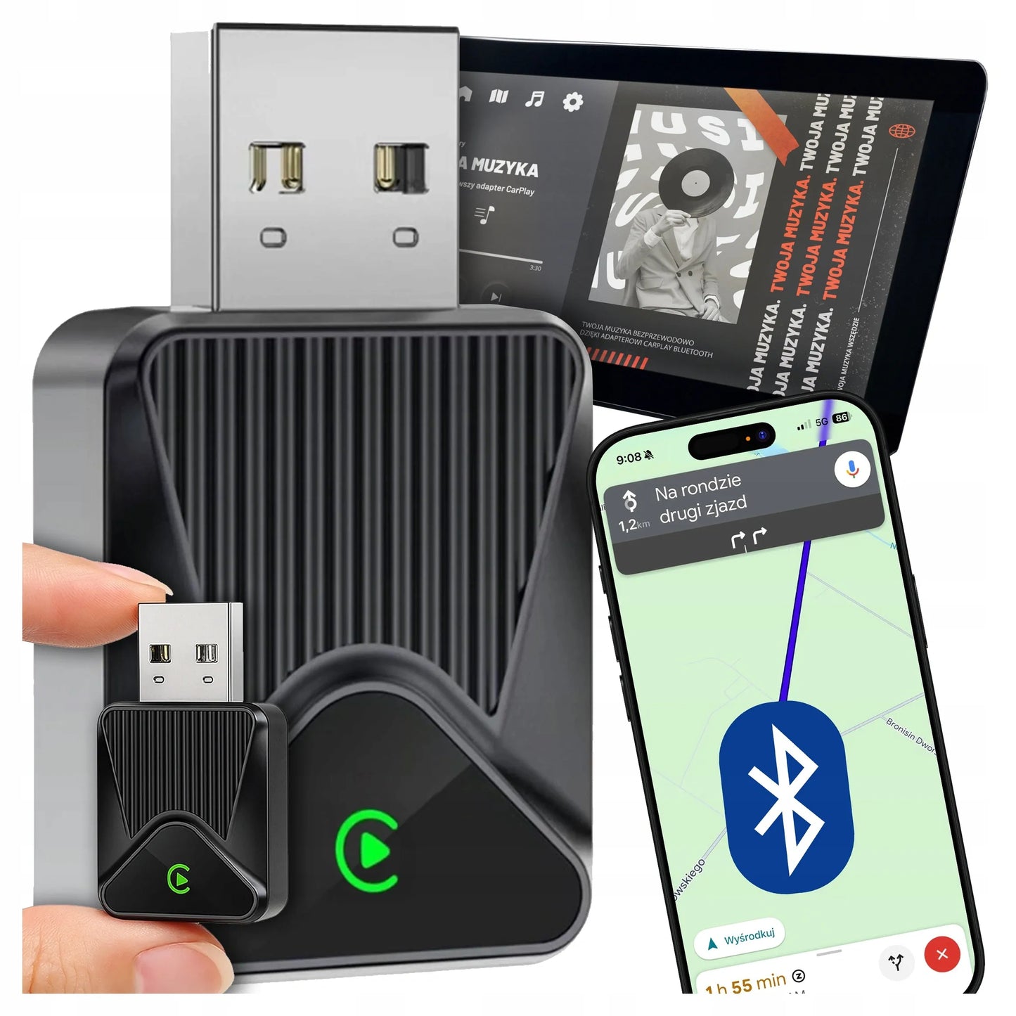 Belaidis CarPlay adapteris 5.8GHz Plug&Play iOS/Android Auto USB USB-C