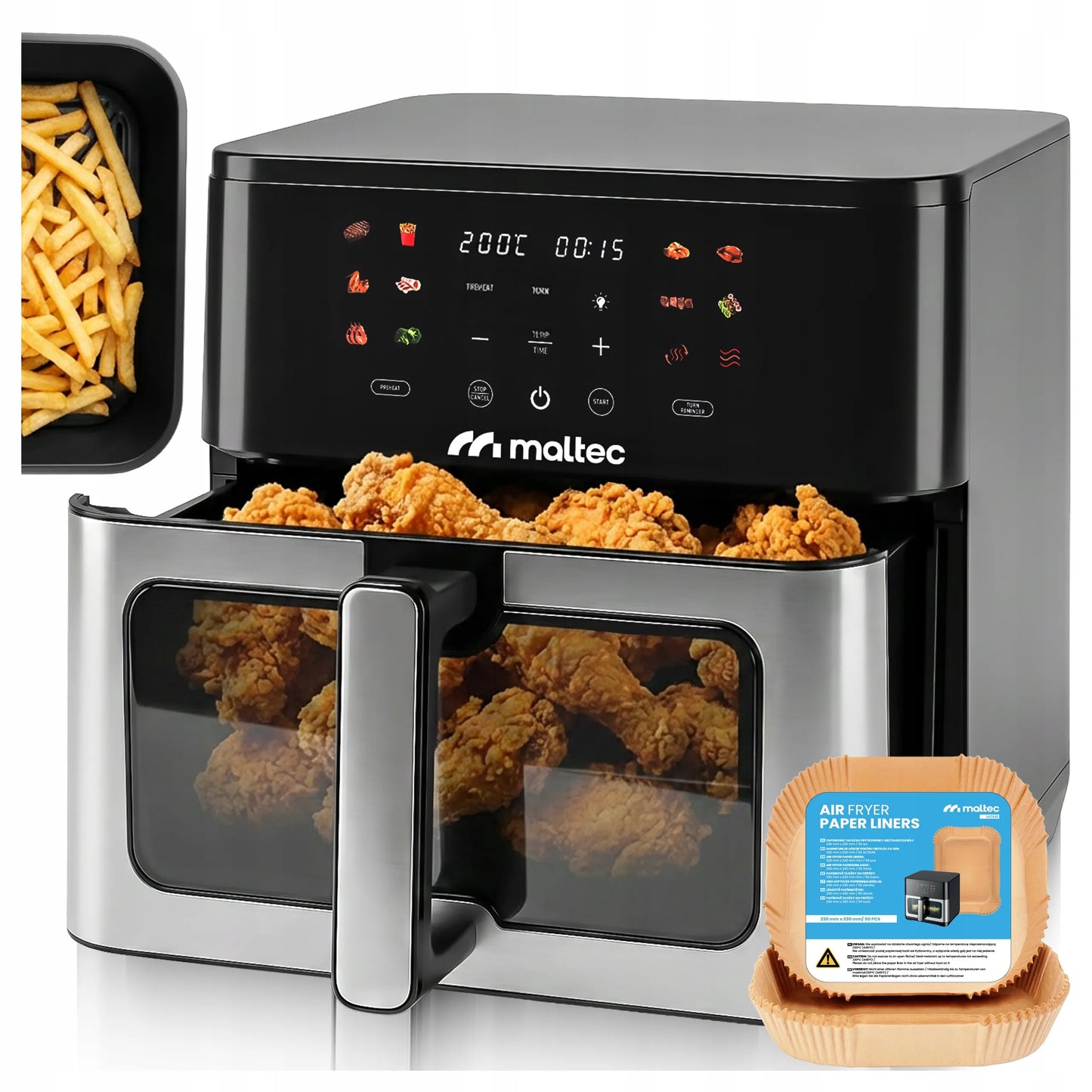 Beriebalė gruzdintuvė MalTec 10l 2000W Air Fryer su langeliu ir padėklais