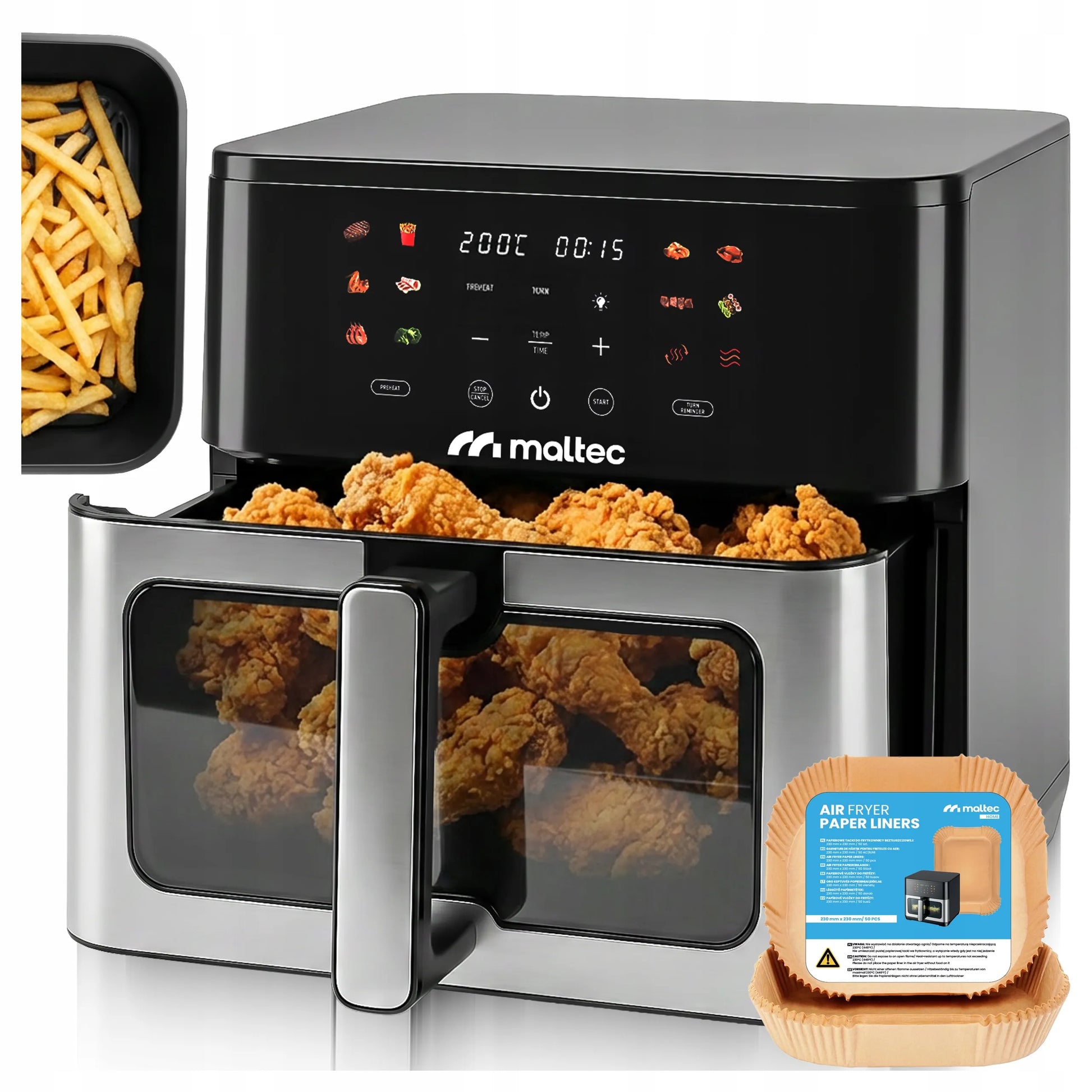 Beriebalė gruzdintuvė MalTec 10l 2000W Air Fryer su langeliu ir padėklais