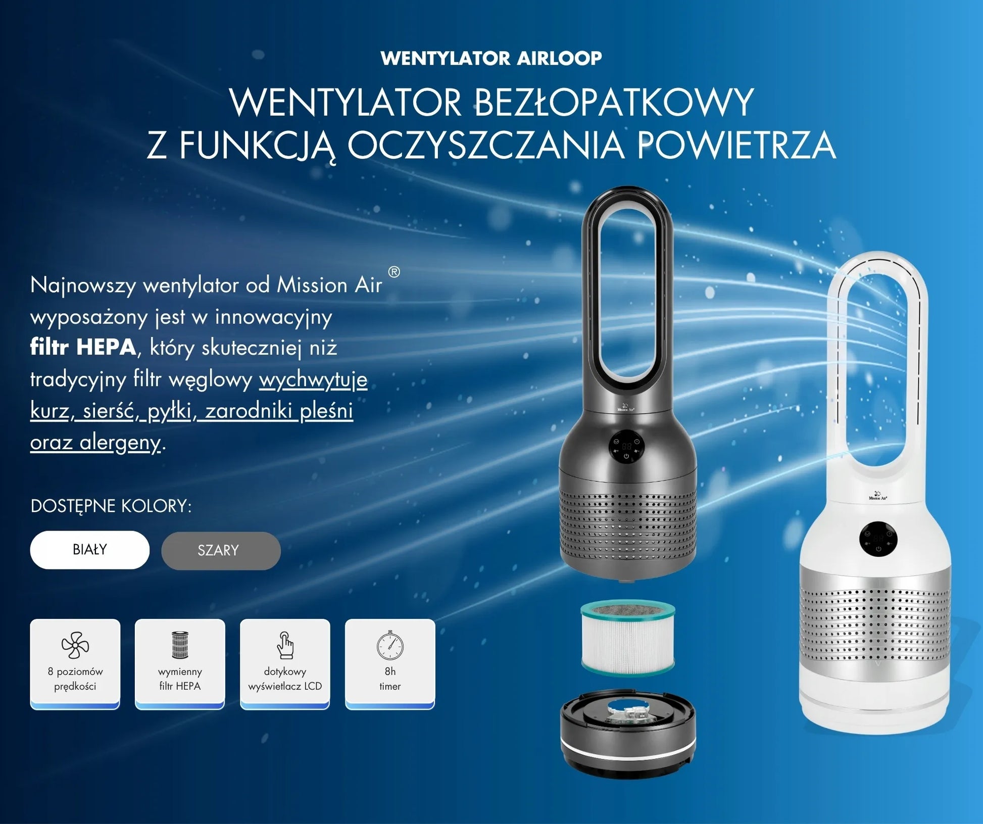 BEZMENTELIS grindinis koloninis ventiliatorius Mission Air AirLoop pilkas 30W