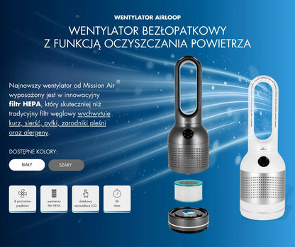 BEZMENTELIS grindinis koloninis ventiliatorius Mission Air AirLoop pilkas 30W