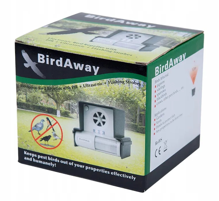 BIRD AWAY paukščių, balandžių, varnėnų, žvirblių, varnų ir juodvarnių atbaidytuvas su maitinimo adapteriu