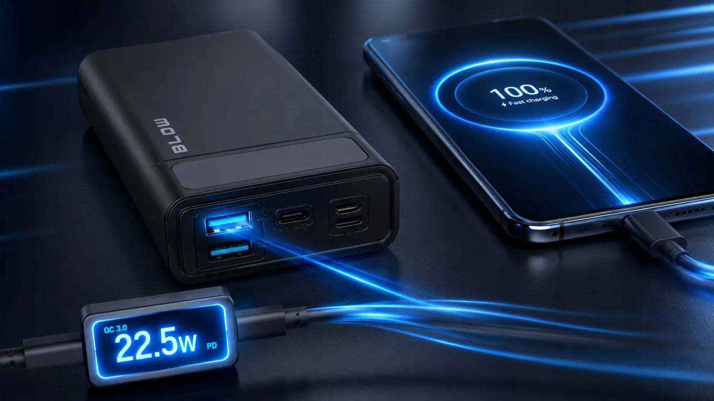 BLOW 20000 mAh 22,5W „Powerbank“ su „Quick Charge“ ir „Power Delivery“ technologija