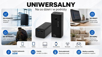 BLOW 20000 mAh 65W QC3.0 PD USB-C Powerbankas nešiojamiems kompiuteriams