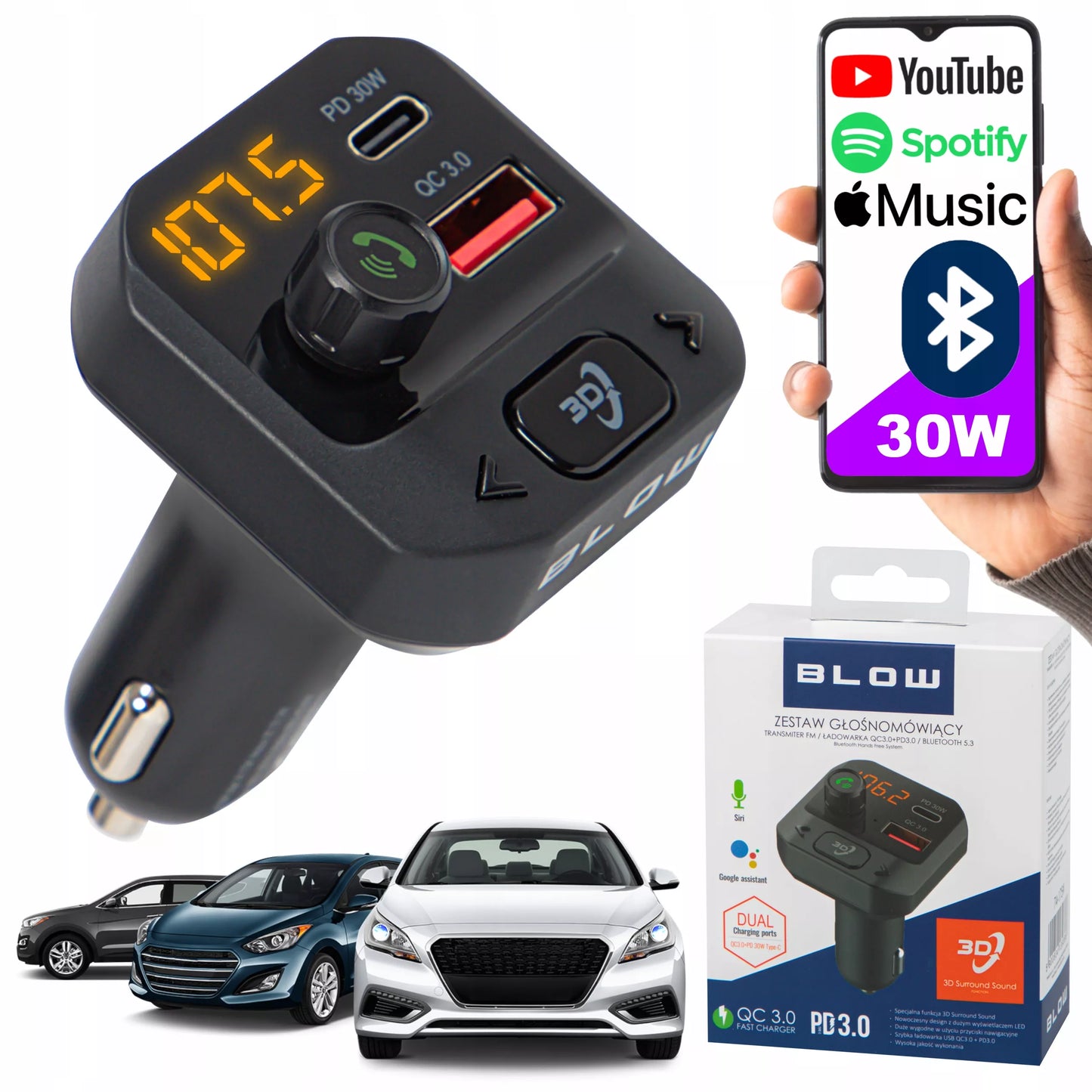 BLOW 74-175 automobilinis FM siųstuvas, Bluetooth įkroviklis su galingais bosais, USB-C PD QC3.0