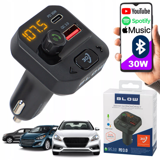 BLOW 74-175 automobilinis FM siųstuvas, Bluetooth įkroviklis su galingais bosais, USB-C PD QC3.0