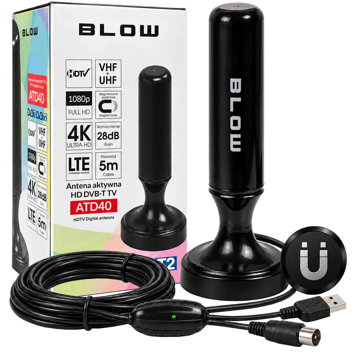 BLOW ATD40 aktyvioji kambarinė antena DVB-T2 televizoriui, 4K, MUX-8, LTE filtras