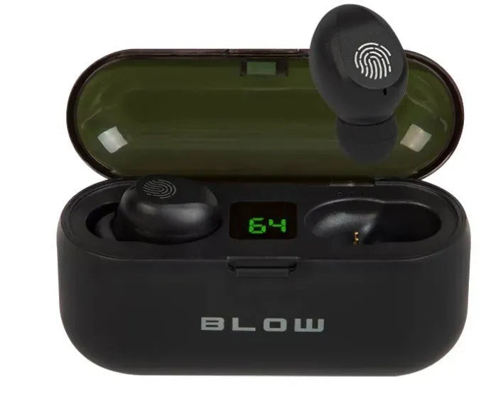 BLOW BTE200 belaidės į ausis įstatomos ausinės su „Bluetooth 5.1“, „Powerbank“ funkcija, dėklu ir mikrofonu