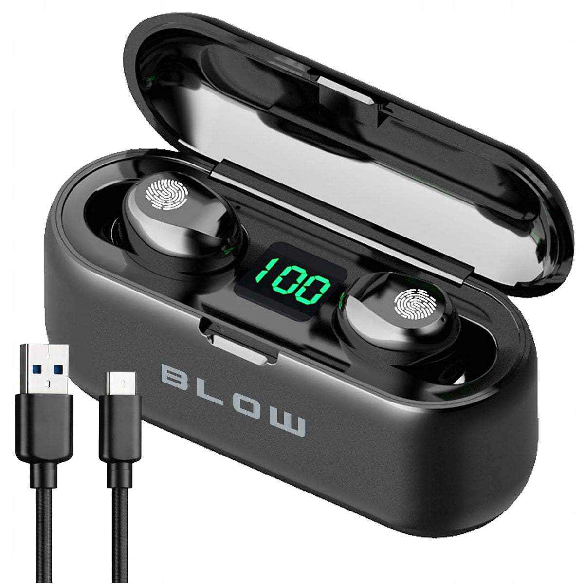 BLOW BTE200 belaidės į ausis įstatomos ausinės su „Bluetooth 5.1“, „Powerbank“ funkcija, dėklu ir mikrofonu