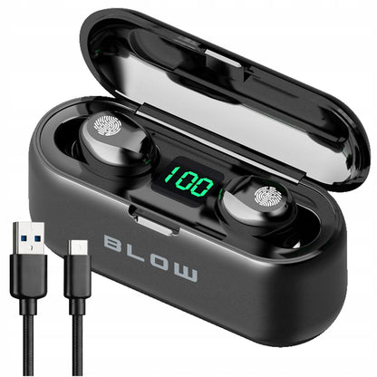 BLOW BTE200 belaidės į ausis įstatomos ausinės su „Bluetooth 5.1“, „Powerbank“ funkcija, dėklu ir mikrofonu