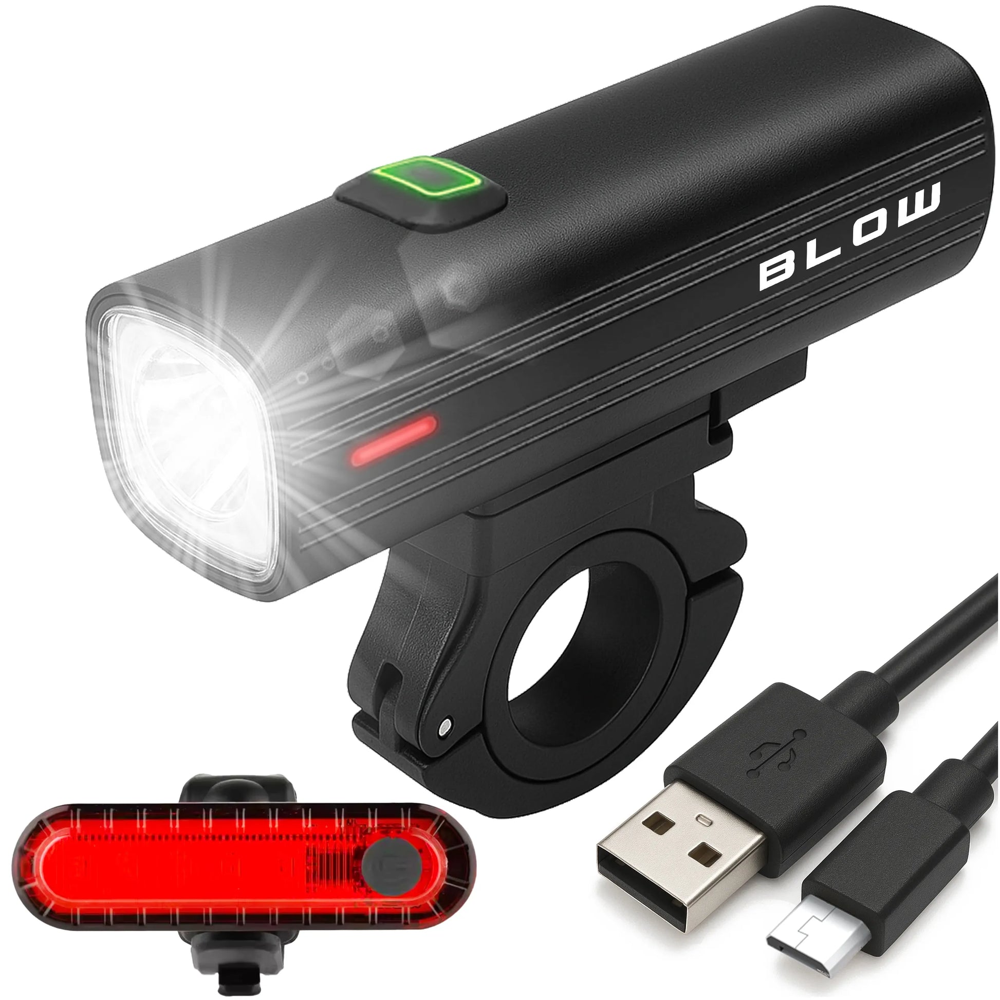 BLOW dviračio žibintų komplektas 1000 lm, metalinis, USB, Powerbank 4800 mAh, priekis + galas