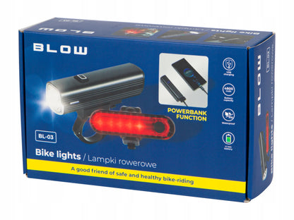 BLOW dviračio žibintų komplektas 1000 lm, metalinis, USB, Powerbank 4800 mAh, priekis + galas