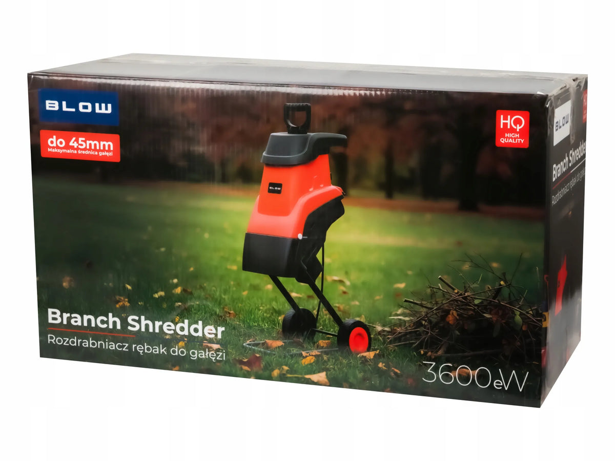 BLOW elektrinis šakų smulkintuvas, 3600 W, iki 45 mm, su 2 × 45 l maišais