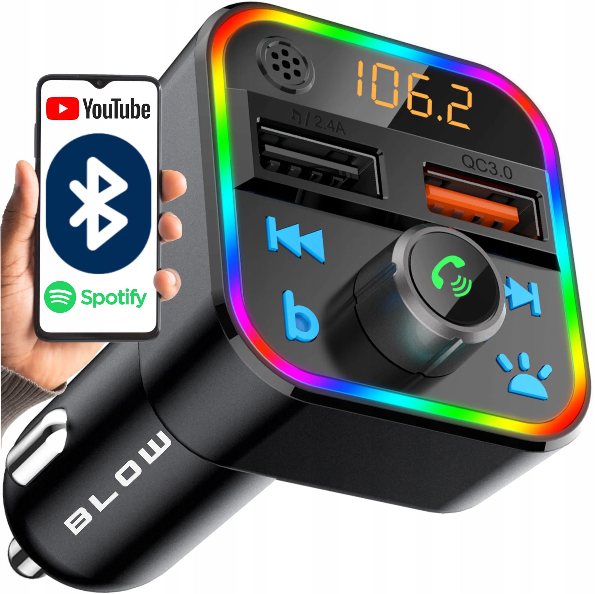BLOW FM siųstuvas Bluetooth MP3 SD įkroviklis 2xUSB RGB greitas įkrovimas QC3.0