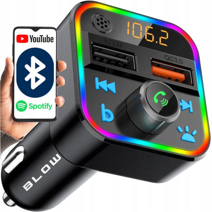 BLOW FM siųstuvas Bluetooth MP3 SD įkroviklis 2xUSB RGB greitas įkrovimas QC3.0