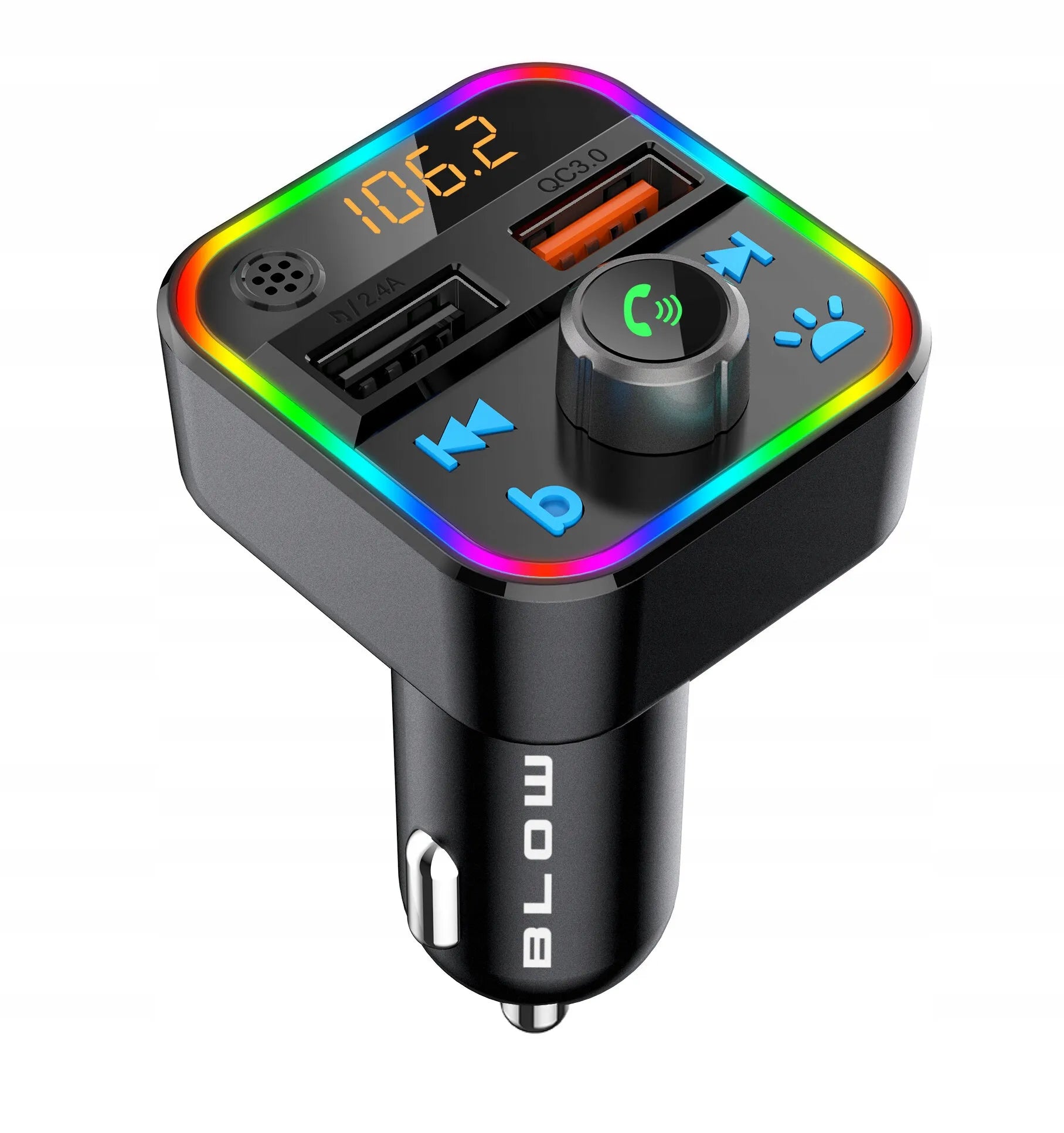 BLOW FM siųstuvas Bluetooth MP3 SD įkroviklis 2xUSB RGB greitas įkrovimas QC3.0