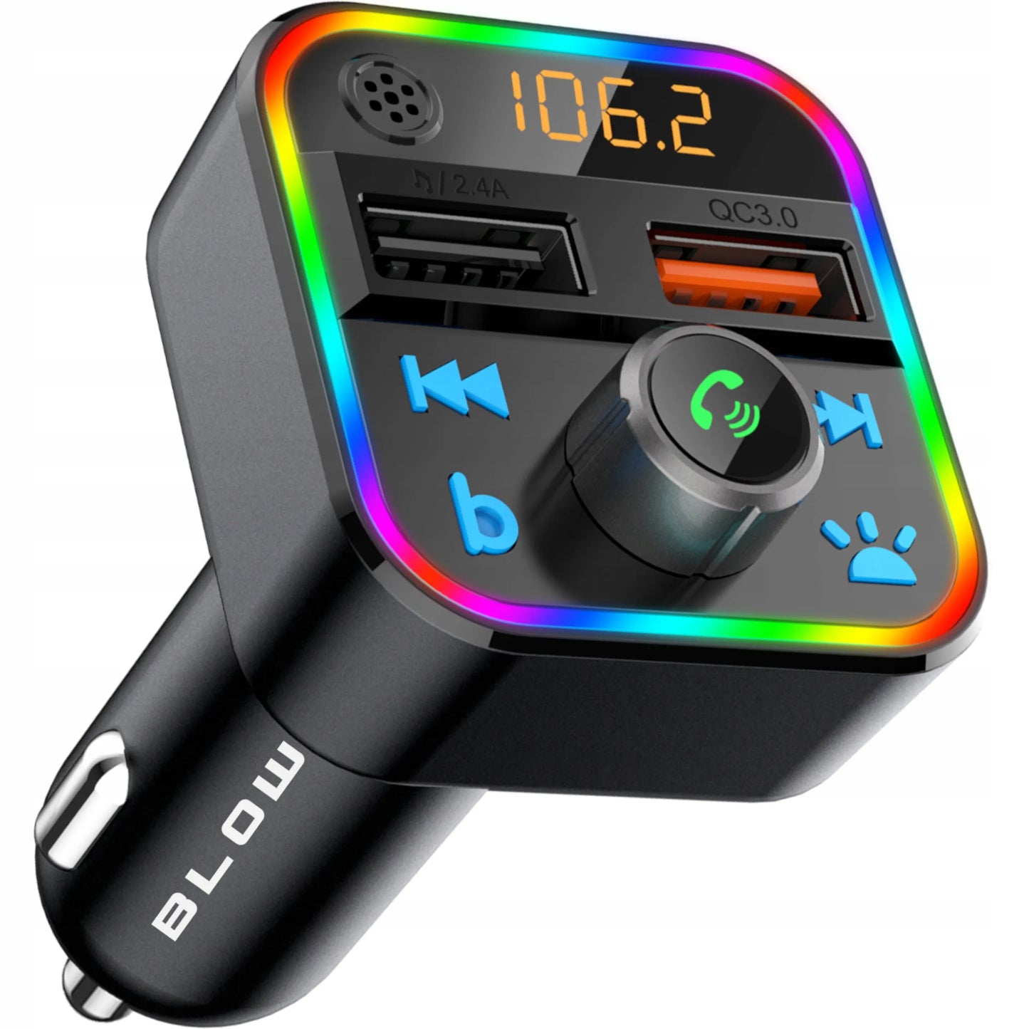BLOW FM siųstuvas Bluetooth MP3 SD įkroviklis 2xUSB RGB greitas įkrovimas QC3.0