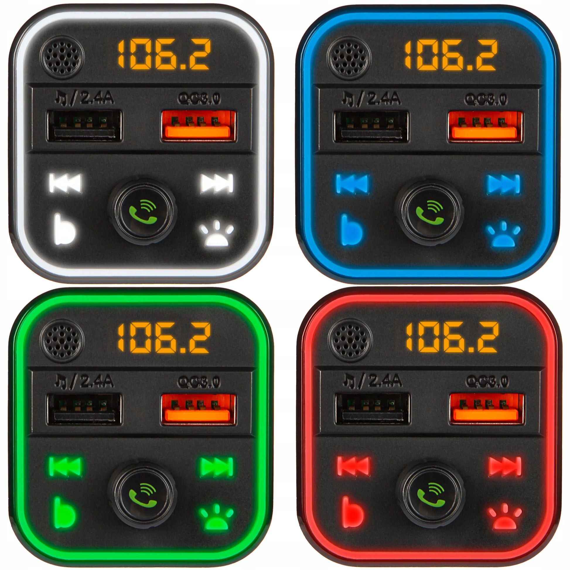 BLOW FM siųstuvas Bluetooth MP3 SD įkroviklis 2xUSB RGB greitas įkrovimas QC3.0