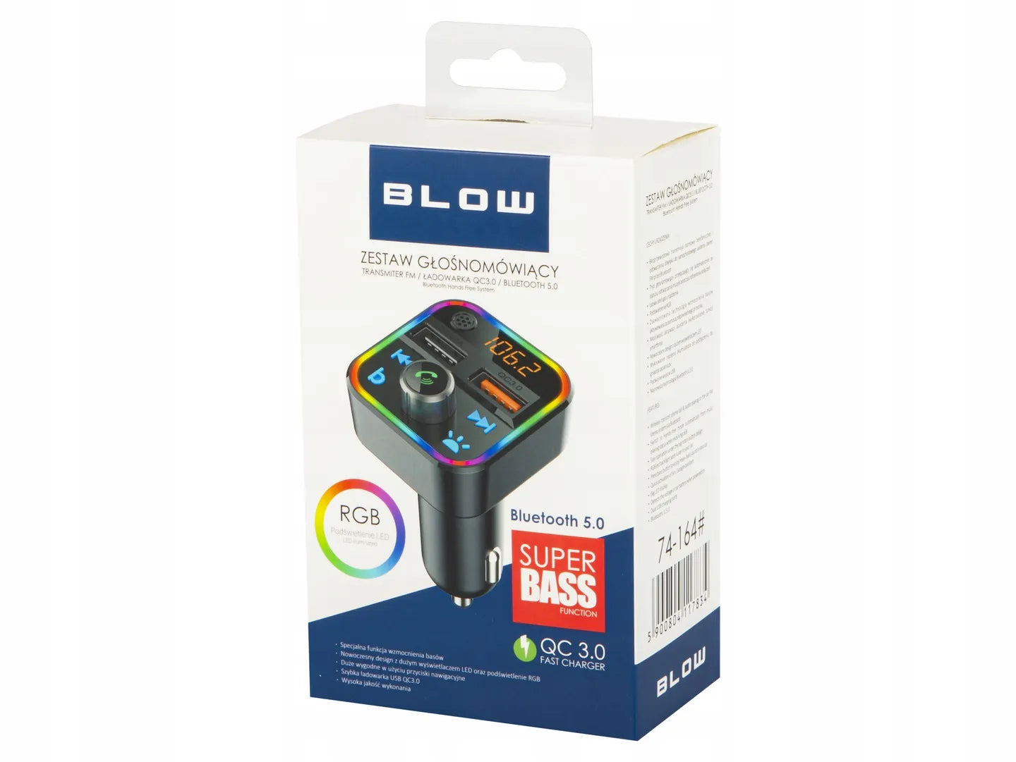 BLOW FM siųstuvas Bluetooth MP3 SD įkroviklis 2xUSB RGB greitas įkrovimas QC3.0