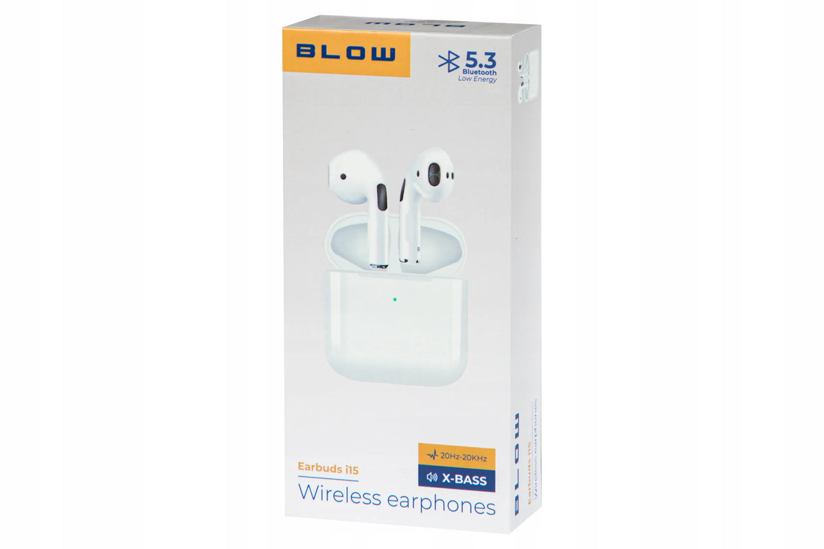BLOW i15 belaidės į ausis įstatomos „Bluetooth“ ausinės su mikrofonu ir įkrovimo dėklu