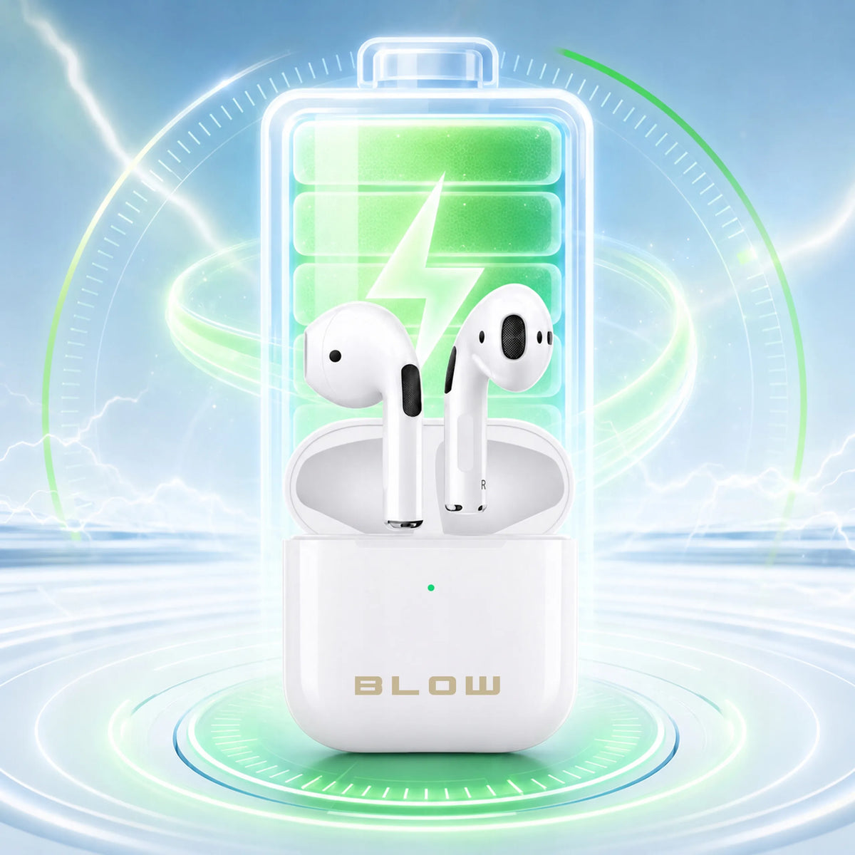 BLOW i15 belaidės į ausis įstatomos „Bluetooth“ ausinės su mikrofonu ir įkrovimo dėklu