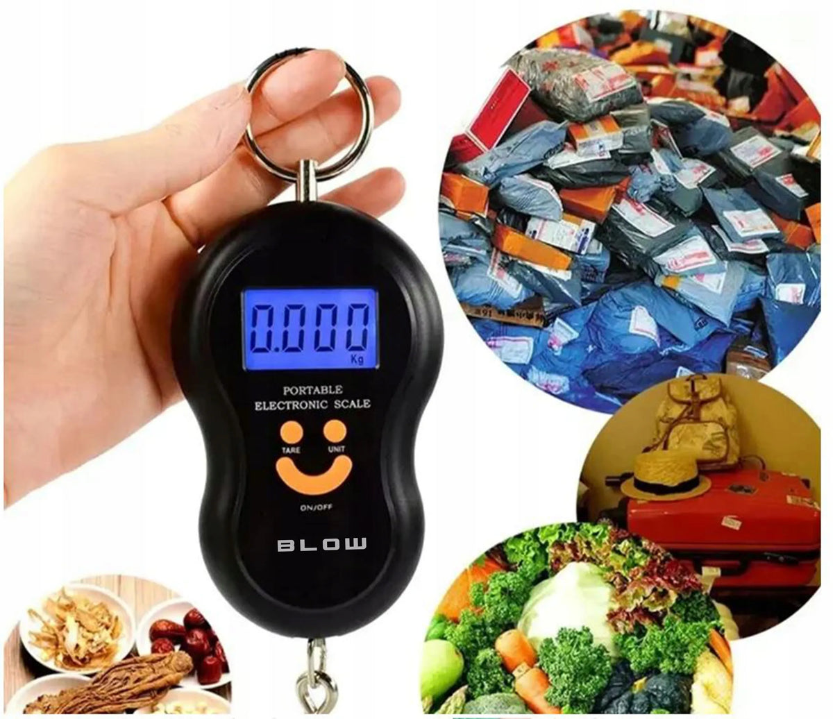 BLOW LS 103 elektroninės bagažo svarstyklės kelionėms ir žvejybai, iki 50 kg, su LCD ekranu ir baterijomis