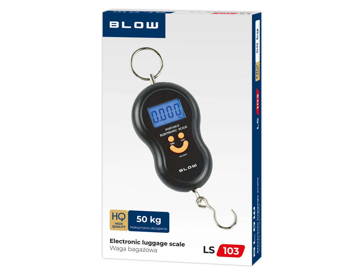 BLOW LS 103 elektroninės bagažo svarstyklės kelionėms ir žvejybai, iki 50 kg, su LCD ekranu ir baterijomis