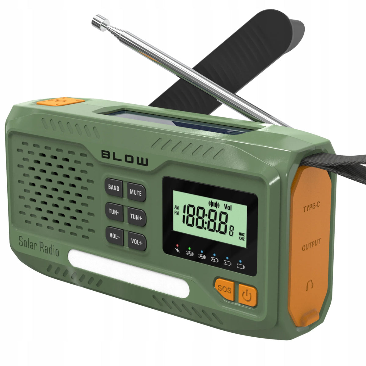 BLOW RA13 nešiojamasis radijas su saulės baterija, rankine rankenėle, žibintuvėliu ir SOS signalu