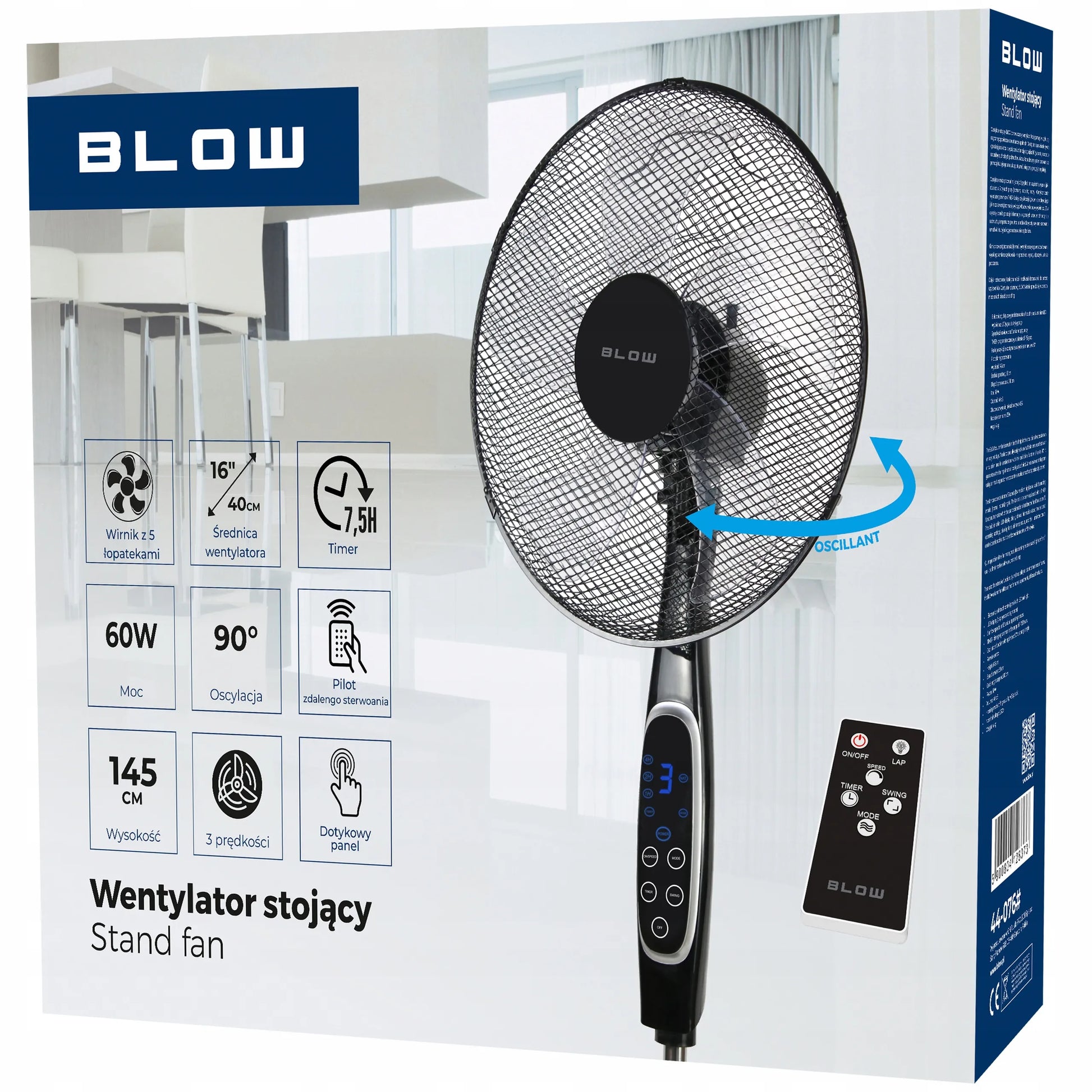 BLOW stovimas ventiliatorius, tylus, galingas, grindinis, 3 režimai, vidaus naudojimui, 60W, su nuotolinio valdymo pulteliu
