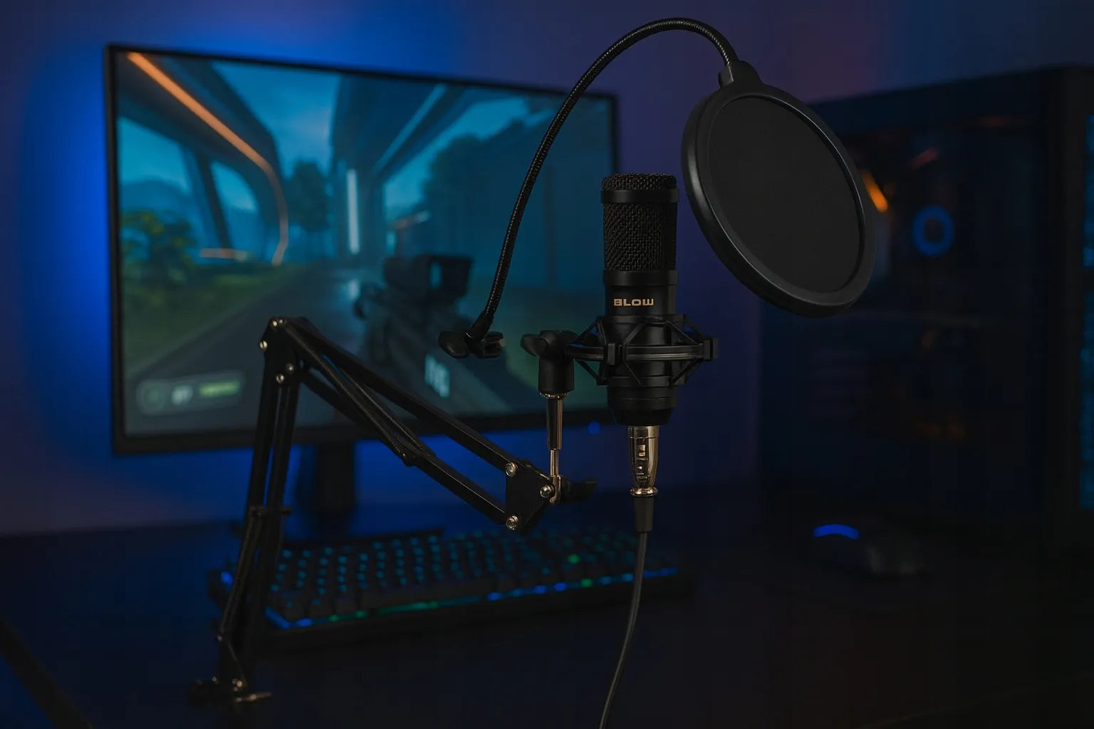 BLOW studijinis kondensatorinis žaidimų mikrofonas su stovu ir USB jungtimi