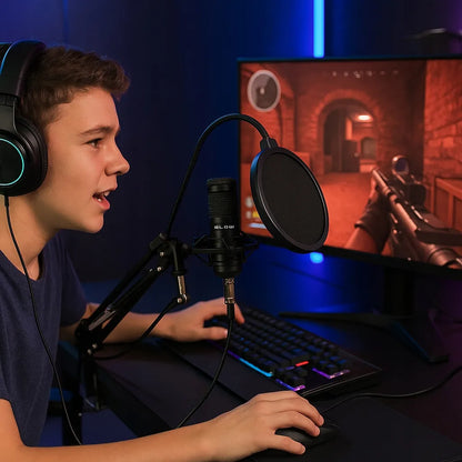 BLOW studijinis kondensatorinis žaidimų mikrofonas su stovu ir USB jungtimi
