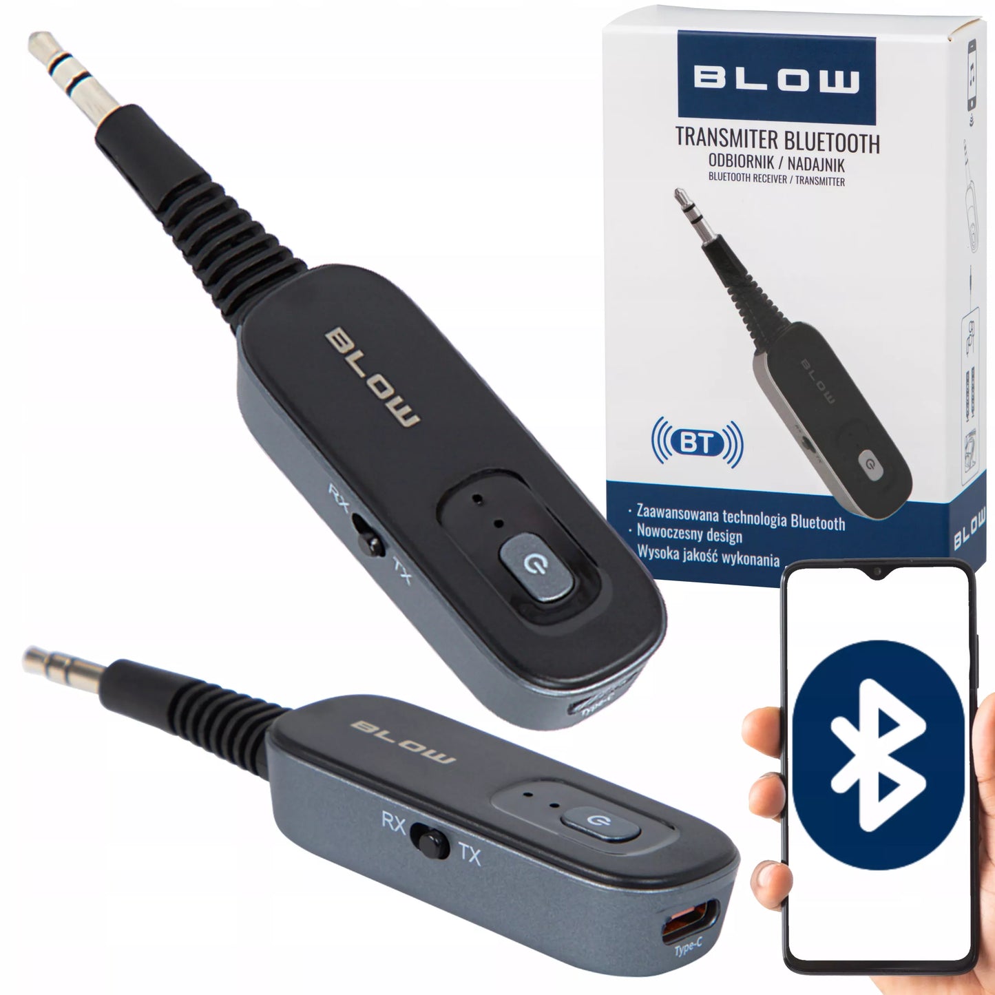 „Bluetooth 2-in-1“ siųstuvas ir imtuvas su 3,5 mm AUX jungtimi ir USB-C