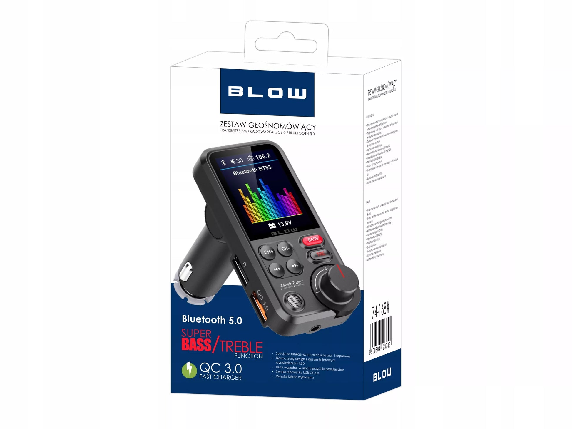 BLUETOOTH 5.0 FM siųstuvas, laisvų rankų įranga, QC3.0, SD, BASS, didelis LCD ekranas, 24V