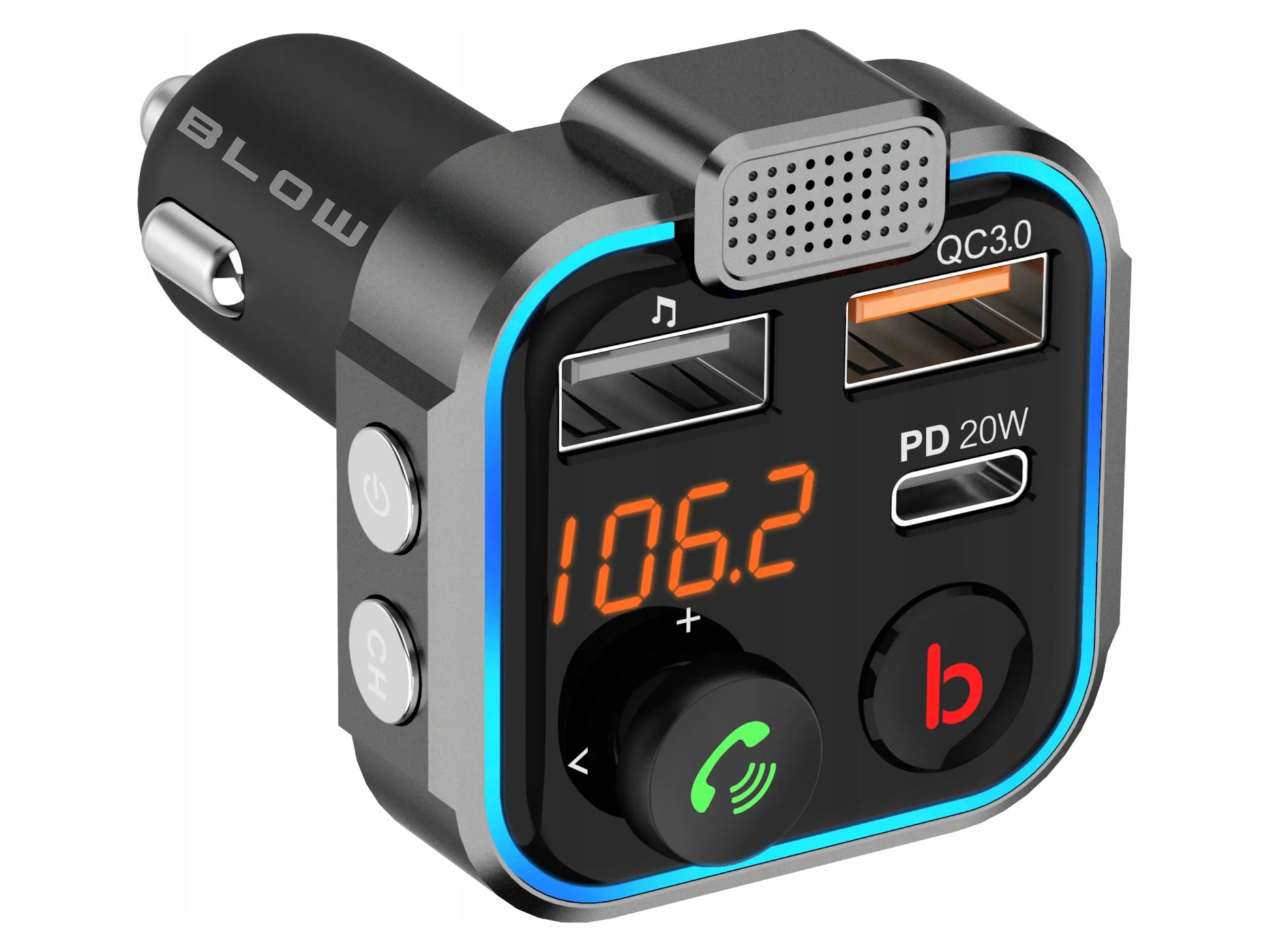 BLUETOOTH 5.0 FM siųstuvas, USB PD 20W QC 3.0 kroviklis, BASS, galingas mikrofonas