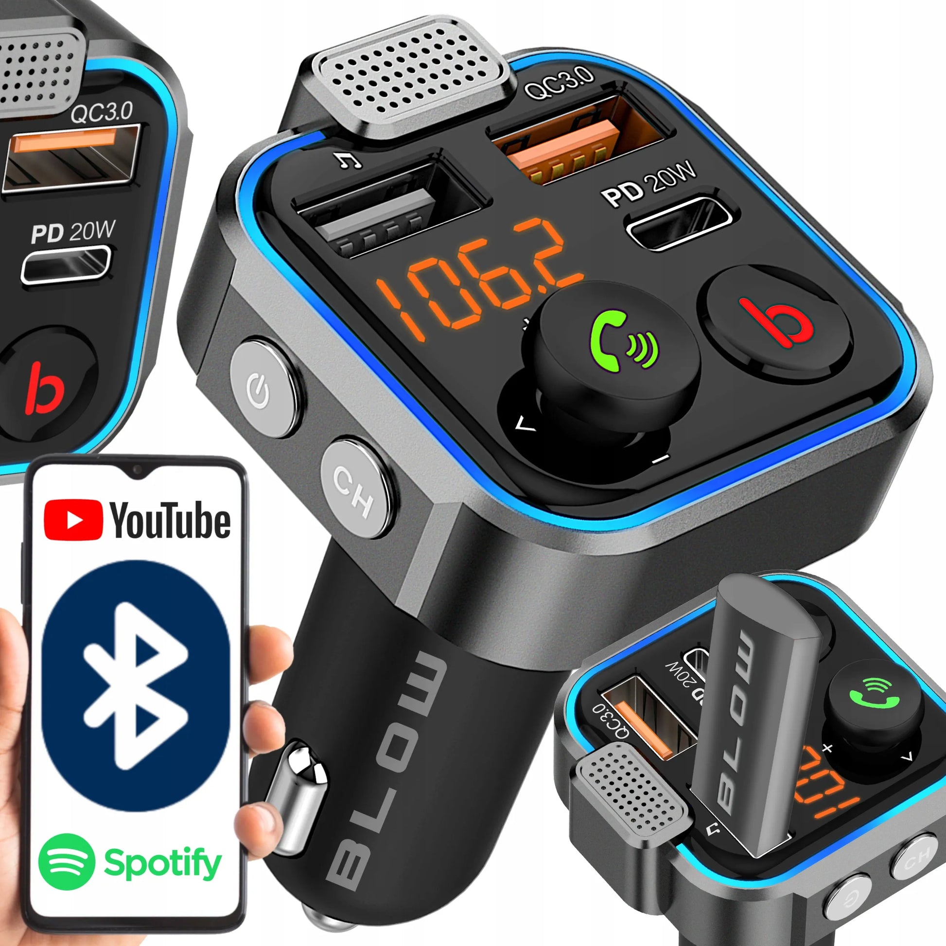 BLUETOOTH 5.0 FM siųstuvas, USB PD 20W QC 3.0 kroviklis, BASS, galingas mikrofonas