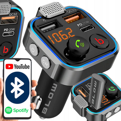 BLUETOOTH 5.0 FM siųstuvas, USB PD 20W QC 3.0 kroviklis, BASS, galingas mikrofonas