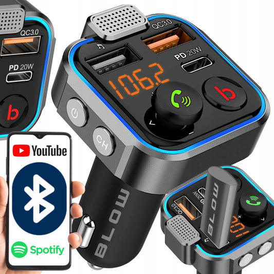 BLUETOOTH 5.0 FM siųstuvas, USB PD 20W QC 3.0 kroviklis, BASS, galingas mikrofonas
