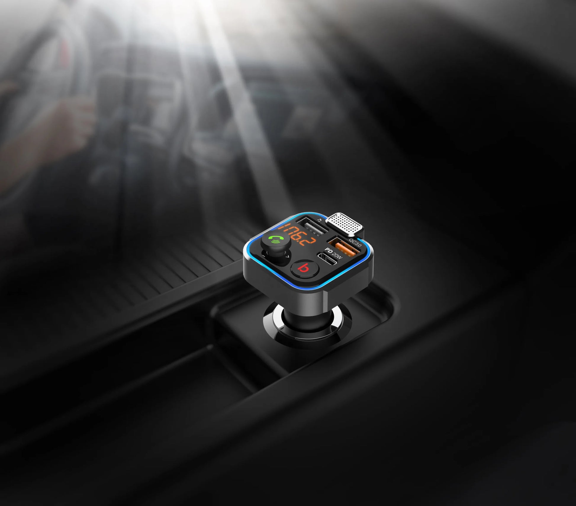 BLUETOOTH 5.0 FM siųstuvas, USB PD 20W QC 3.0 kroviklis, BASS, galingas mikrofonas