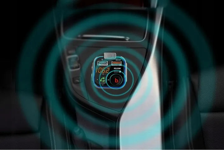 BLUETOOTH 5.0 FM siųstuvas, USB PD 20W QC 3.0 kroviklis, BASS, galingas mikrofonas