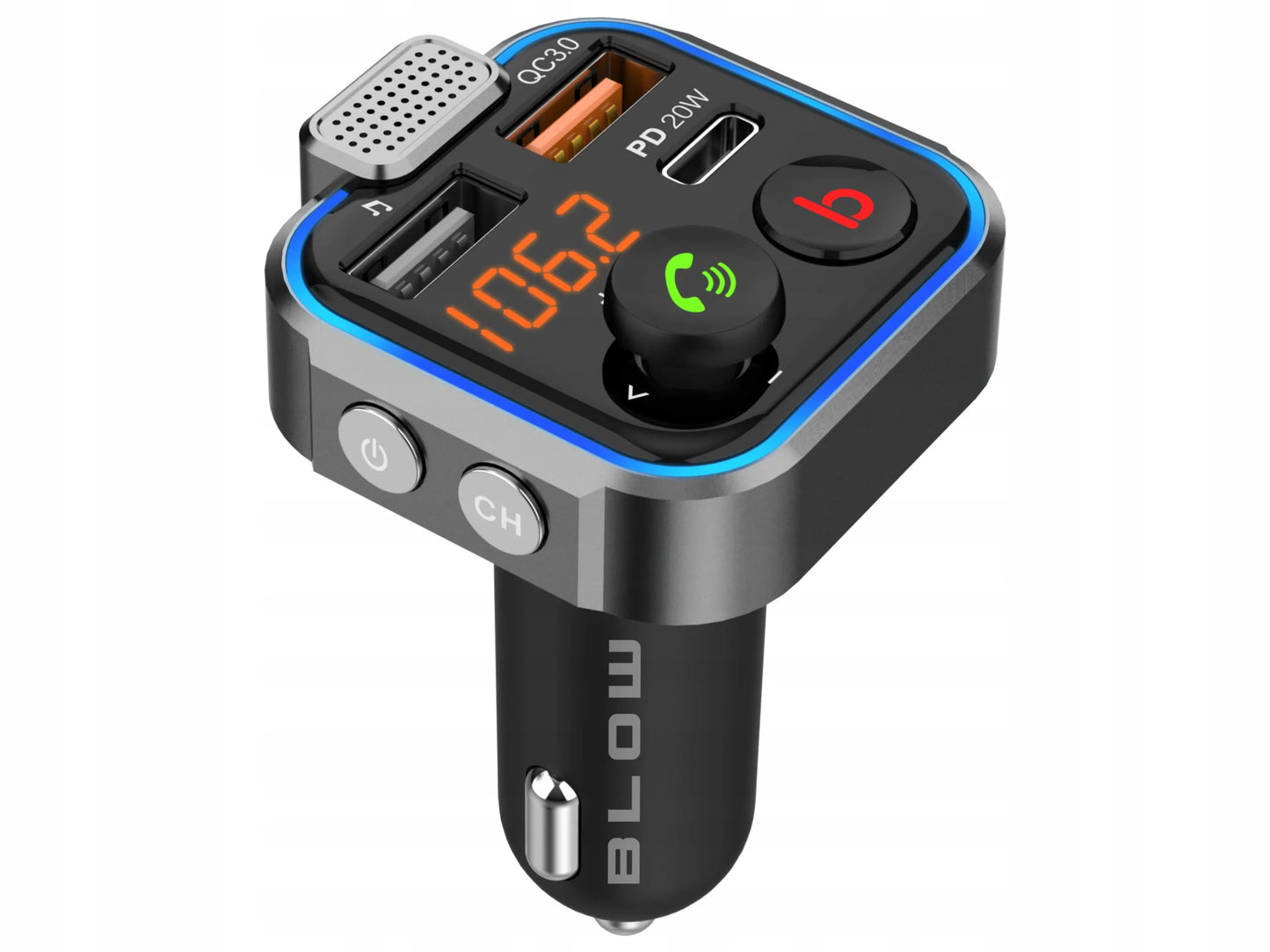BLUETOOTH 5.0 FM siųstuvas, USB PD 20W QC 3.0 kroviklis, BASS, galingas mikrofonas