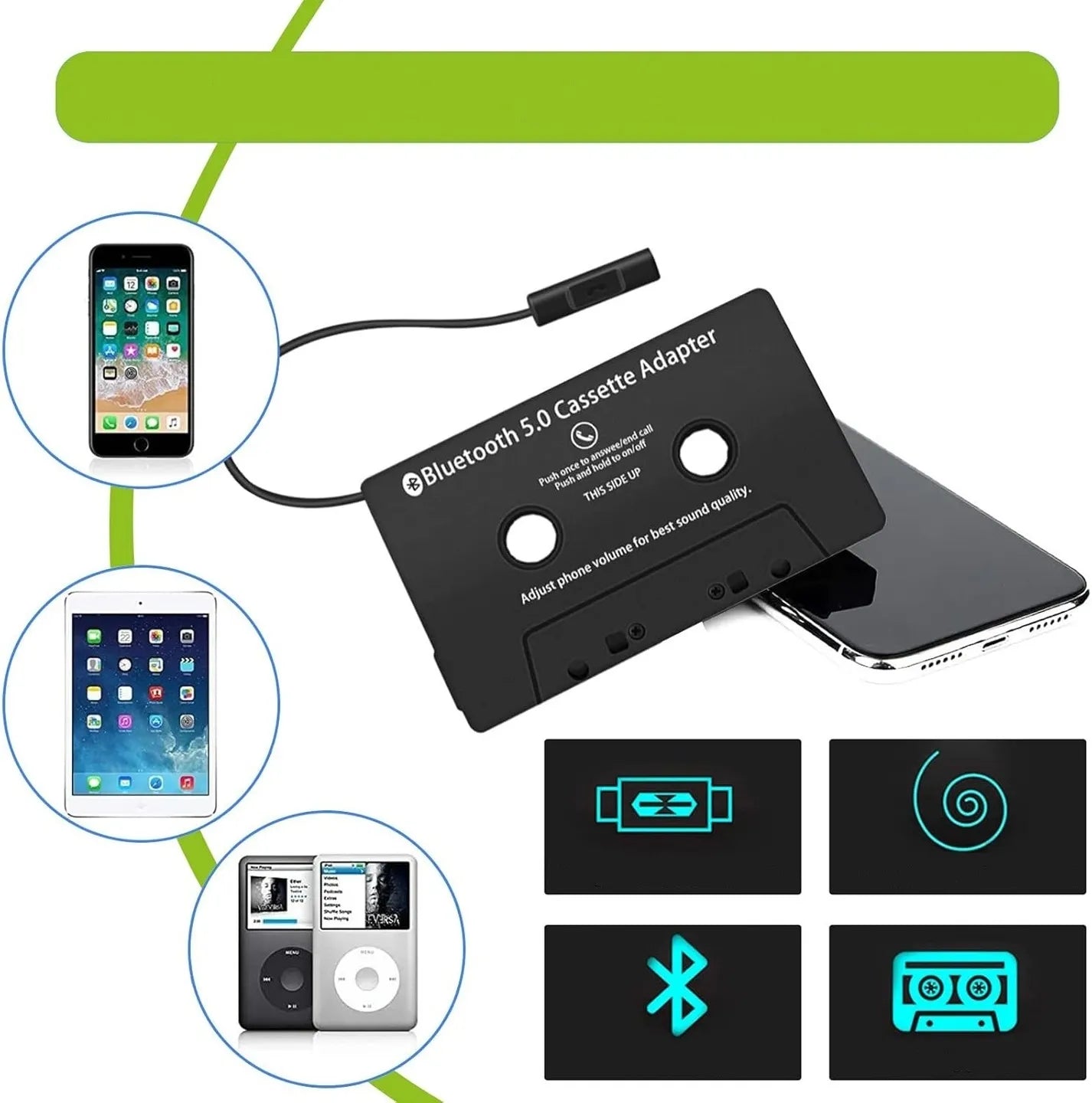 BLUETOOTH 5.0 kasetinis adapteris konverteris imtuvas
