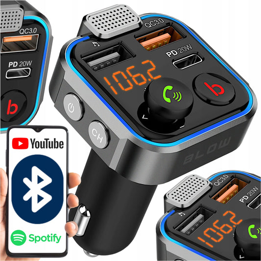 BLUETOOTH 5.1 FM siųstuvas, USB PD 20 W QC 3.0 įkroviklis, stiprus bosas, mikrofonas