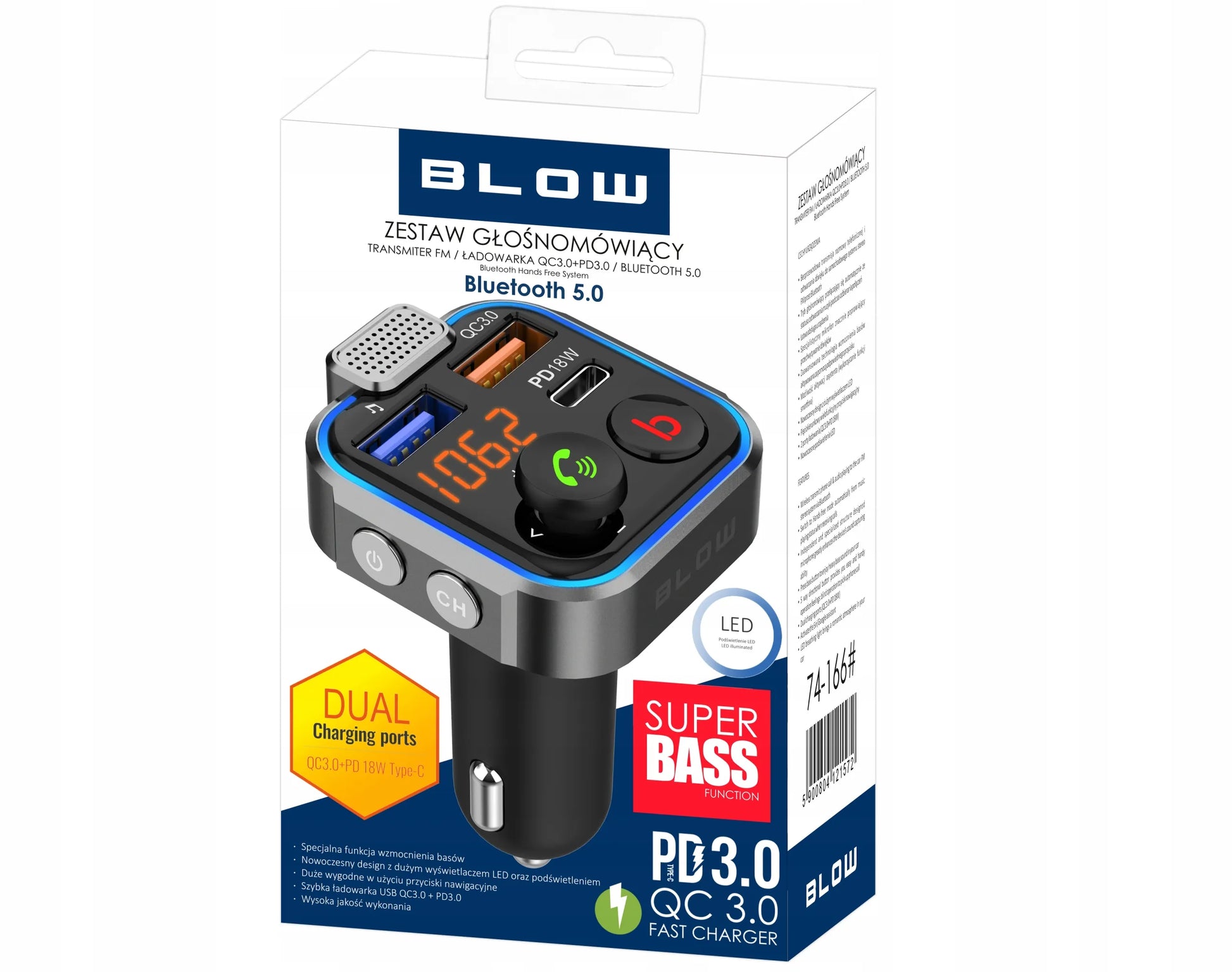 BLUETOOTH 5.1 FM siųstuvas, USB PD 20 W QC 3.0 įkroviklis, stiprus bosas, mikrofonas