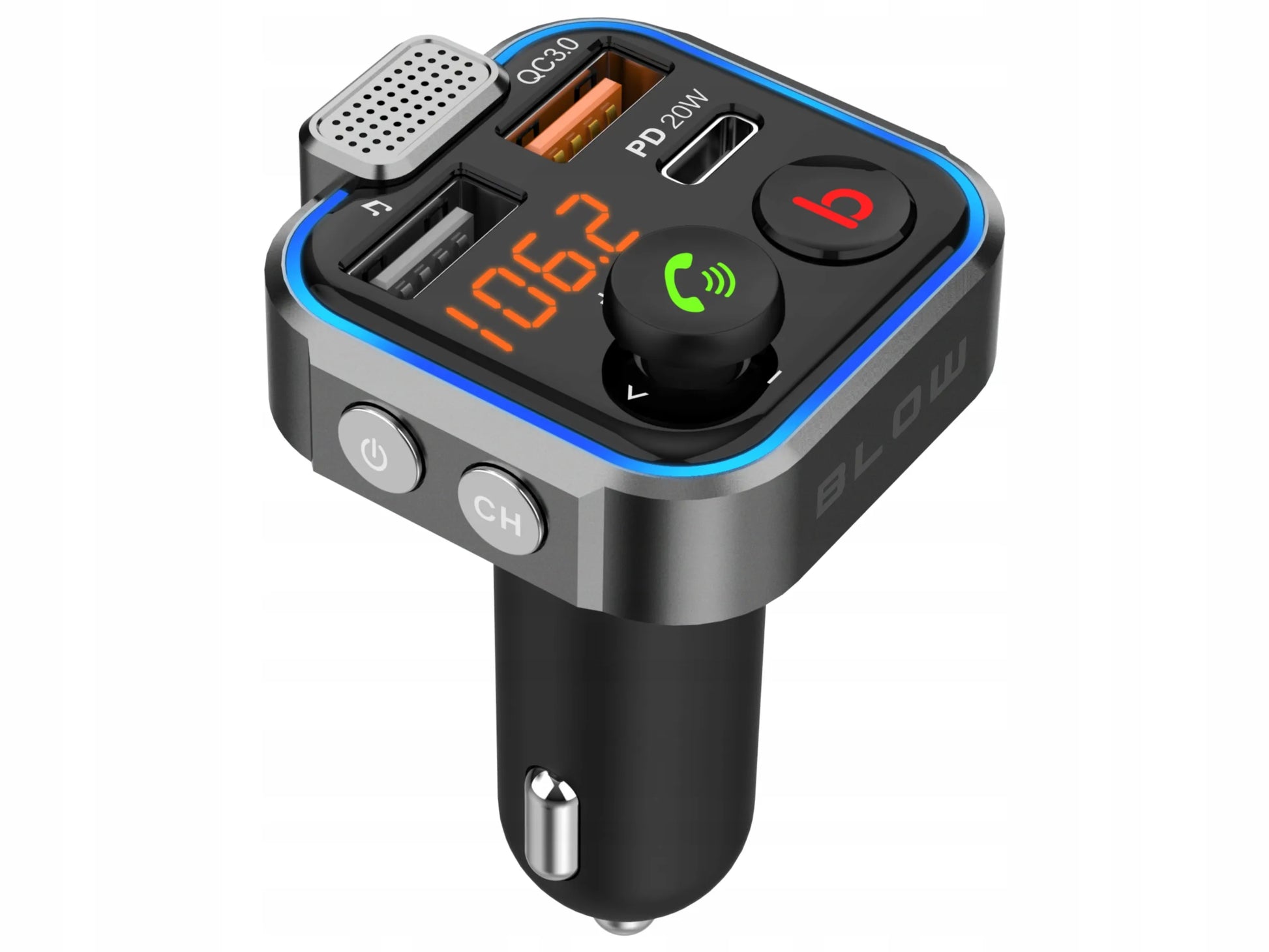 BLUETOOTH 5.1 FM siųstuvas, USB PD 20 W QC 3.0 įkroviklis, stiprus bosas, mikrofonas