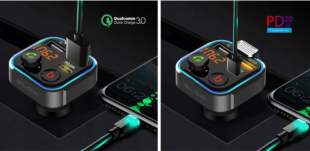 BLUETOOTH 5.1 FM siųstuvas, USB PD 20 W QC 3.0 įkroviklis, stiprus bosas, mikrofonas