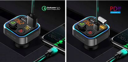 BLUETOOTH 5.1 FM siųstuvas, USB PD 20 W QC 3.0 įkroviklis, stiprus bosas, mikrofonas