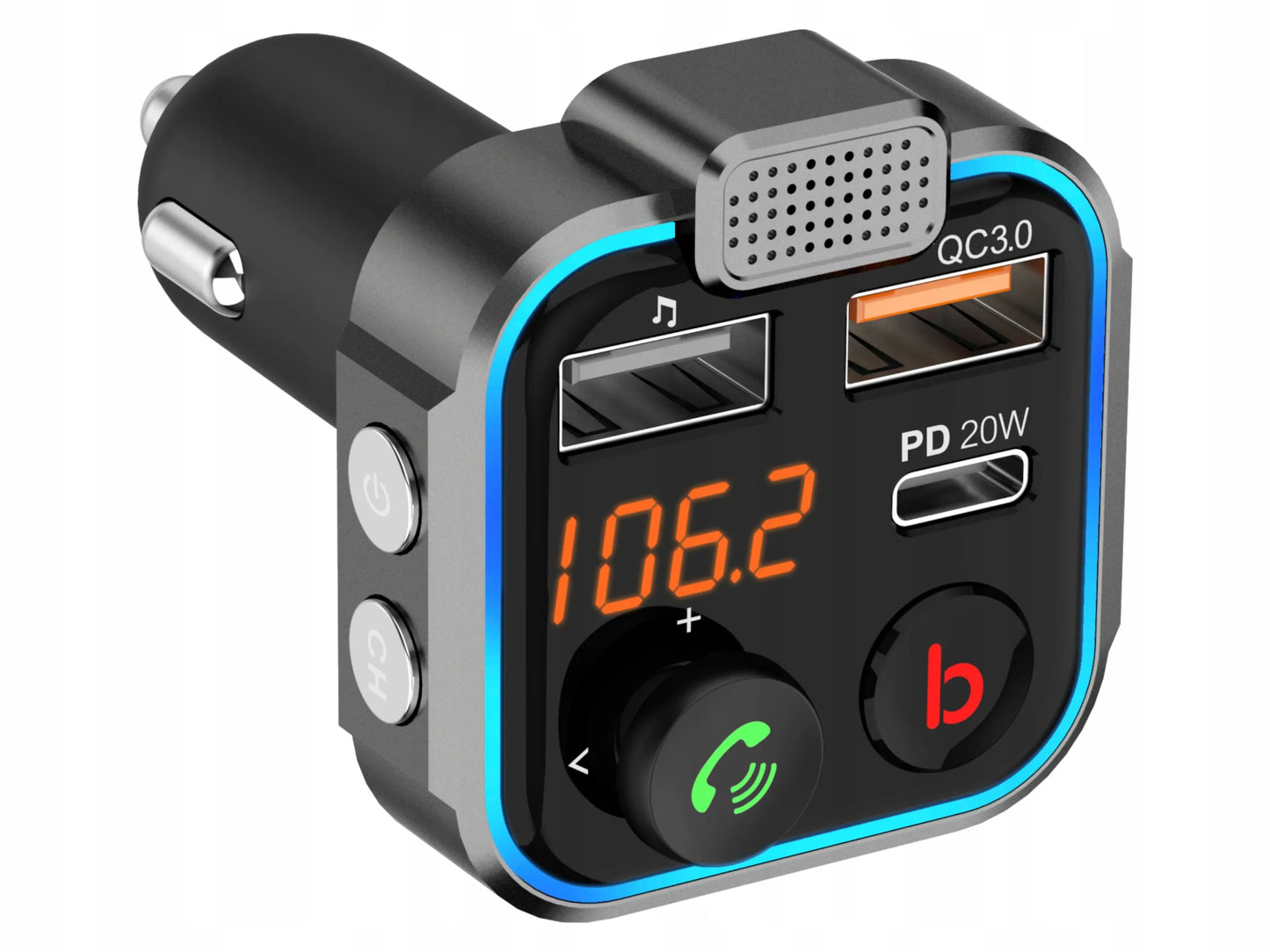 BLUETOOTH 5.1 FM siųstuvas, USB PD 20 W QC 3.0 įkroviklis, stiprus bosas, mikrofonas